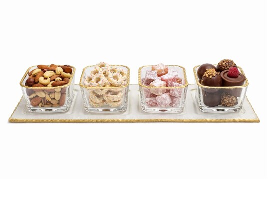 5tlg Glasschalen Set mit Goldrand Tablett 29,5cm schäle 6x4,5cm, 73 m